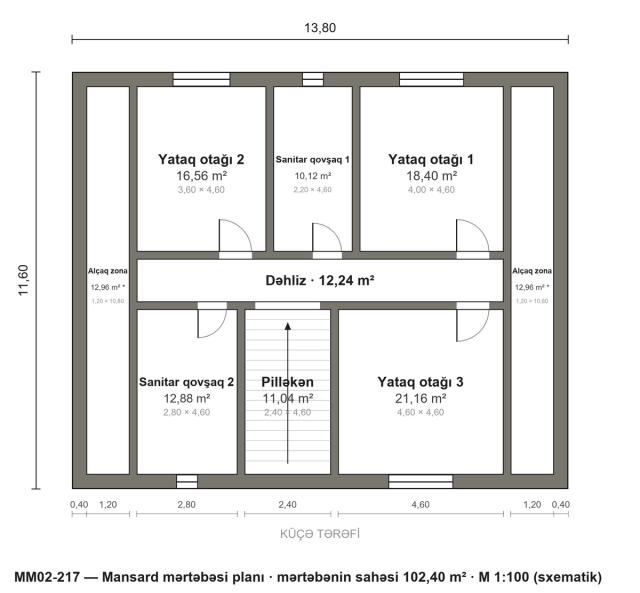MM02-217 layihəsinin mansard mərtəbəsi planı — 3 yataq otağı