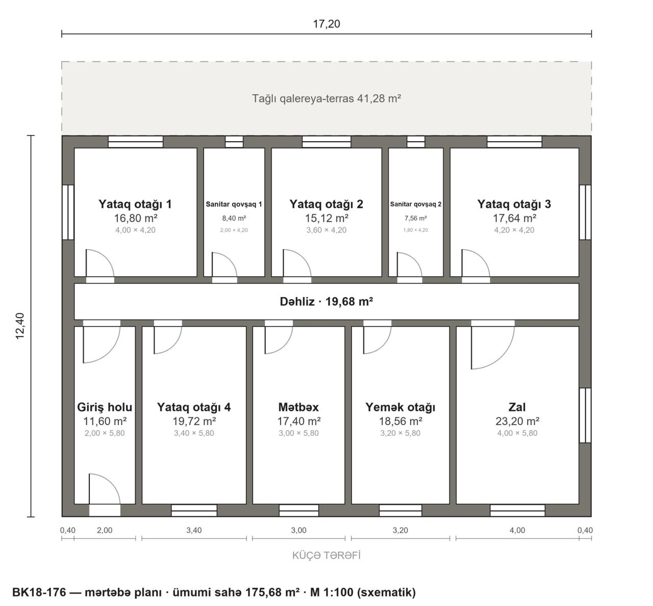 BK18-176 layihəsinin mərtəbə planı — 176 m², 4 yataq otağı
