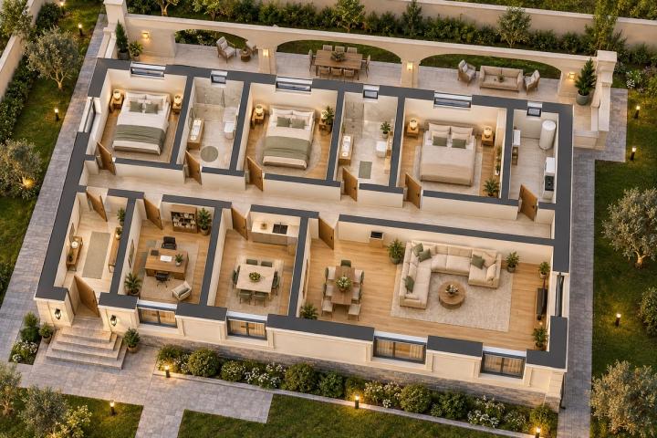 BK52-168 layihəsinin 3D kəsik planı — mebelli otaqlar, vizuallaşdırma