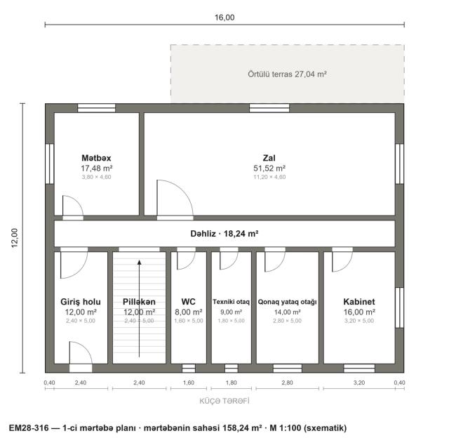 EM28-316 layihəsinin 1-ci mərtəbə planı — 158,24 m²