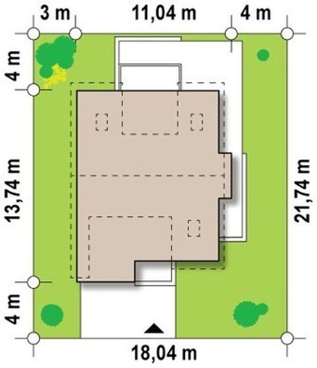 EK03-203 evinin sahədə yerləşmə planı — 21,74 × 18,04 m