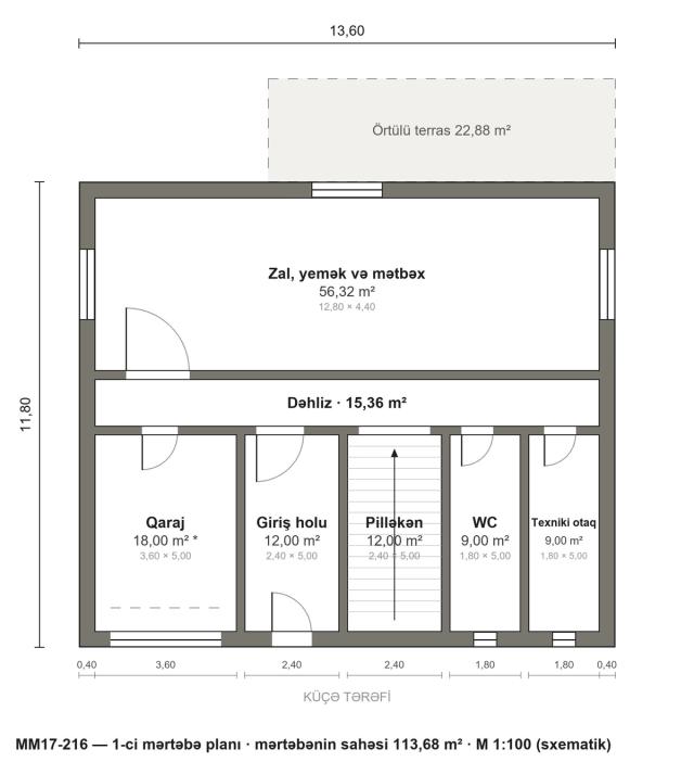 MM17-216 layihəsinin 1-ci mərtəbə planı — 113,68 m²