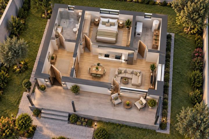 BM01-058 layihəsinin 3D kəsik planı — mebelli otaqlar, vizuallaşdırma
