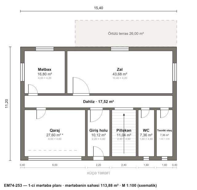 EM74-253 layihəsinin 1-ci mərtəbə planı — 113,88 m²