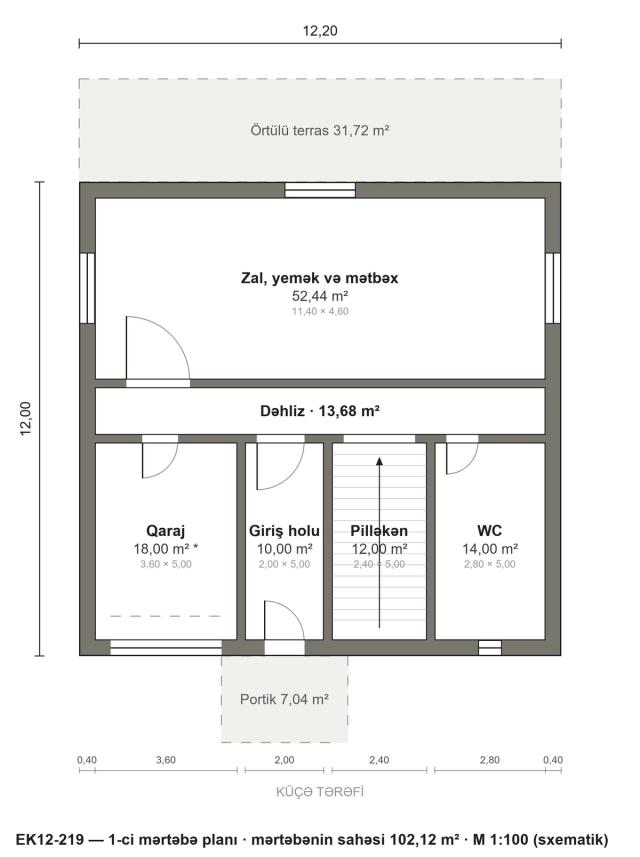 EK12-219 layihəsinin 1-ci mərtəbə planı — 102,12 m²