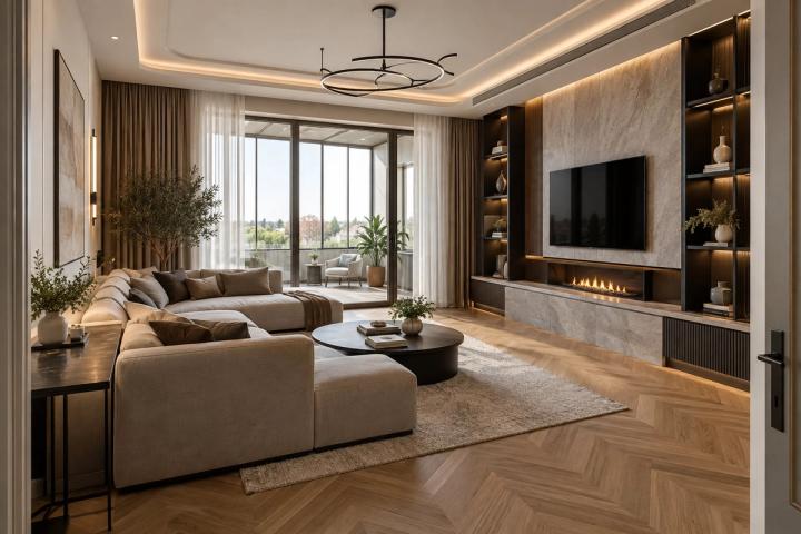 Modern üslubunda qonaq otağı (villa, gündüz işığı) — Premium təmir paketi, dizayn vizuallaşdırması