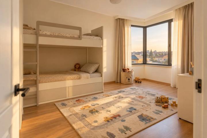 Minimalist üslubunda uşaq otağı (həyət evi, axşamüstü işıq) — Ekonom təmir paketi, dizayn vizuallaşdırması