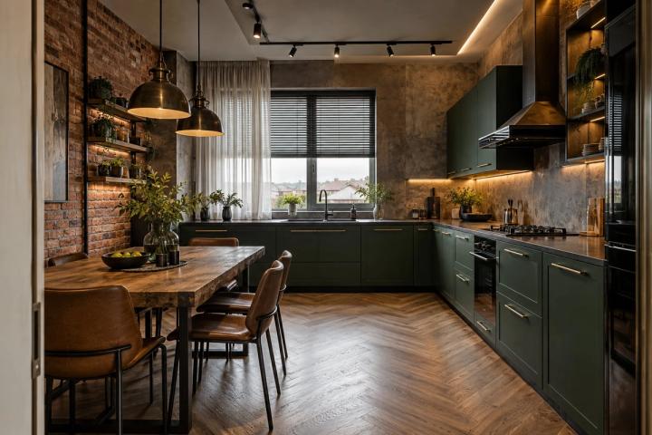 Loft üslubunda mətbəx (həyət evi, gündüz işığı) — Standart təmir paketi, dizayn vizuallaşdırması