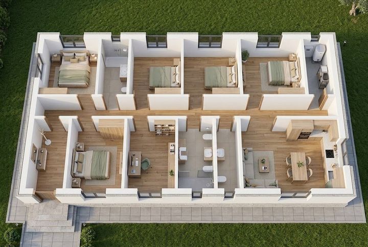 BM47-176 layihəsinin 3D kəsik planı — mebelli otaqlar, vizuallaşdırma