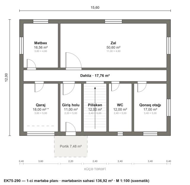 EK75-290 layihəsinin 1-ci mərtəbə planı — 136,92 m²