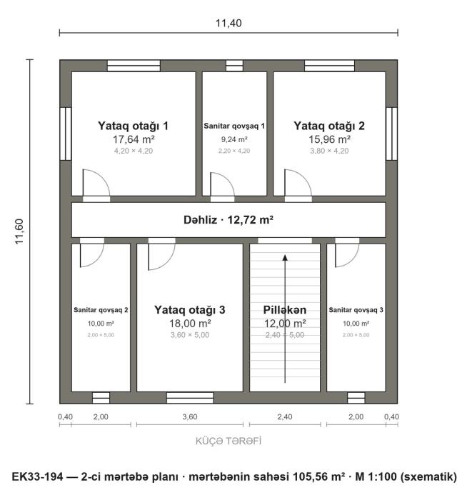 EK33-194 layihəsinin 2-ci mərtəbə planı — 3 yataq otağı