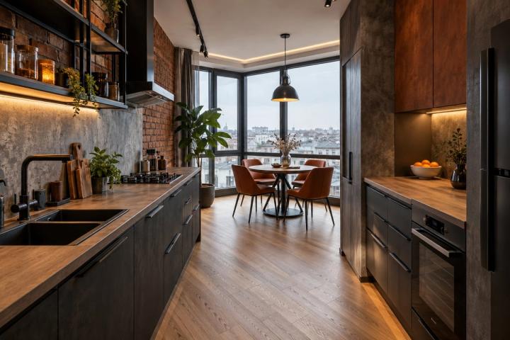 Loft üslubunda mətbəx (yeni tikili mənzil, qış gündüzü) — Standart təmir paketi, dizayn vizuallaşdırması