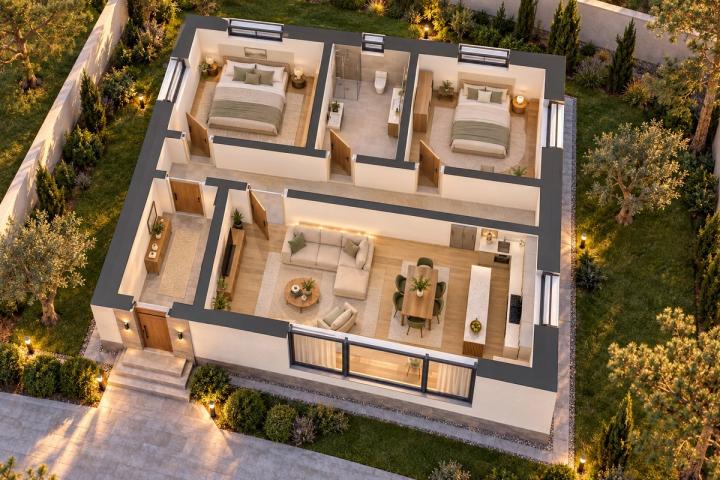 BM86-088 layihəsinin 3D kəsik planı — mebelli otaqlar, vizuallaşdırma