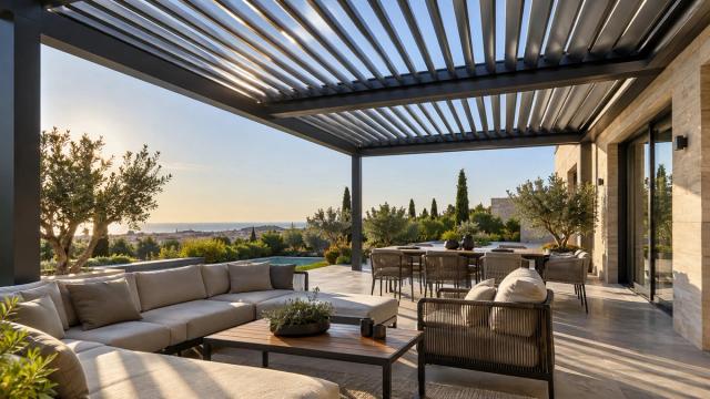 Villa terrasında tənzimlənən lamelli alüminium pergola