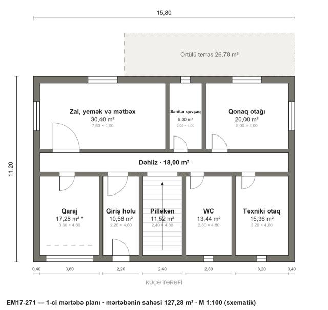 EM17-271 layihəsinin 1-ci mərtəbə planı — 127,28 m²