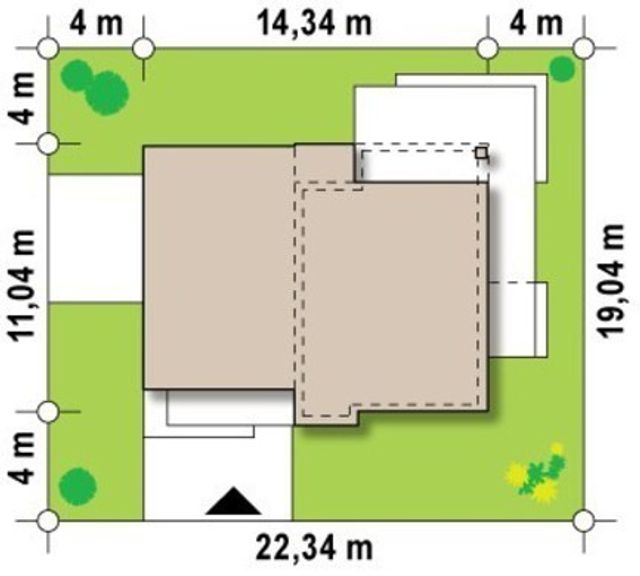 EM03-181 evinin sahədə yerləşmə planı — 19,04 × 22,34 m