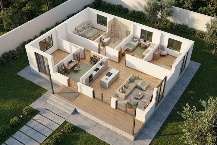 BM38-136 layihəsinin 3D kəsik planı — mebelli otaqlar, vizuallaşdırma