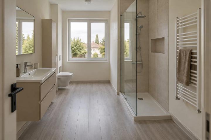 Minimalist üslubunda sanitar qovşaq (həyət evi, gündüz işığı) — Ekonom təmir paketi, dizayn vizuallaşdırması