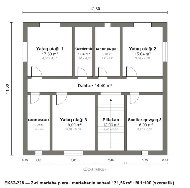EK82-228 layihəsinin 2-ci mərtəbə planı — 3 yataq otağı