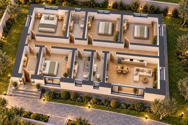 BM24-150 layihəsinin 3D kəsik planı — mebelli otaqlar, vizuallaşdırma