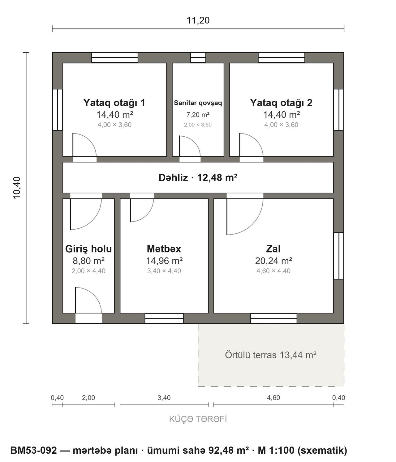 BM53-092 layihəsinin mərtəbə planı — 92 m², 2 yataq otağı