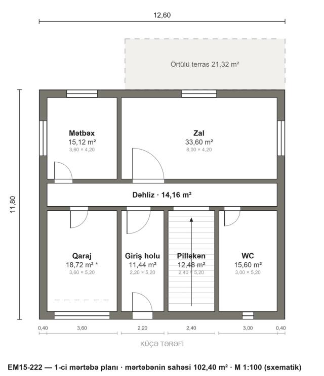 EM15-222 layihəsinin 1-ci mərtəbə planı — 102,40 m²