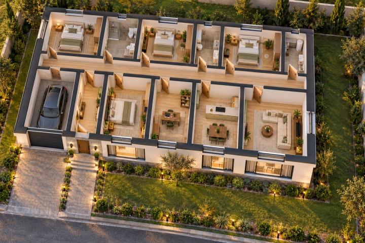 BM56-201 layihəsinin 3D kəsik planı — mebelli otaqlar, vizuallaşdırma