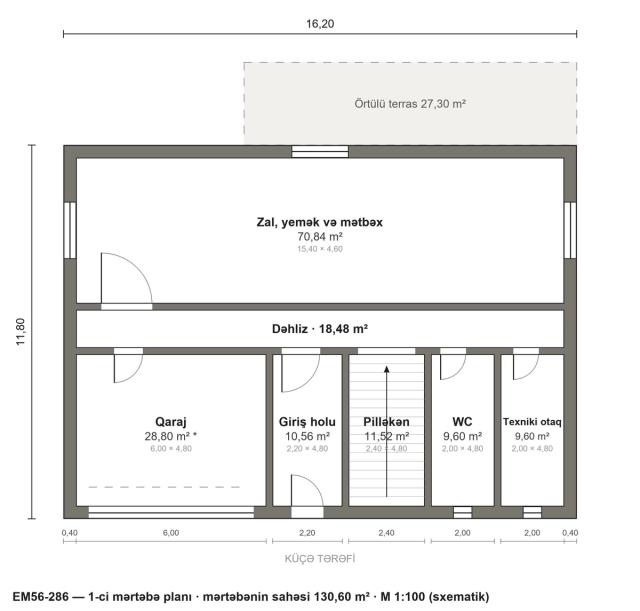 EM56-286 layihəsinin 1-ci mərtəbə planı — 130,60 m²