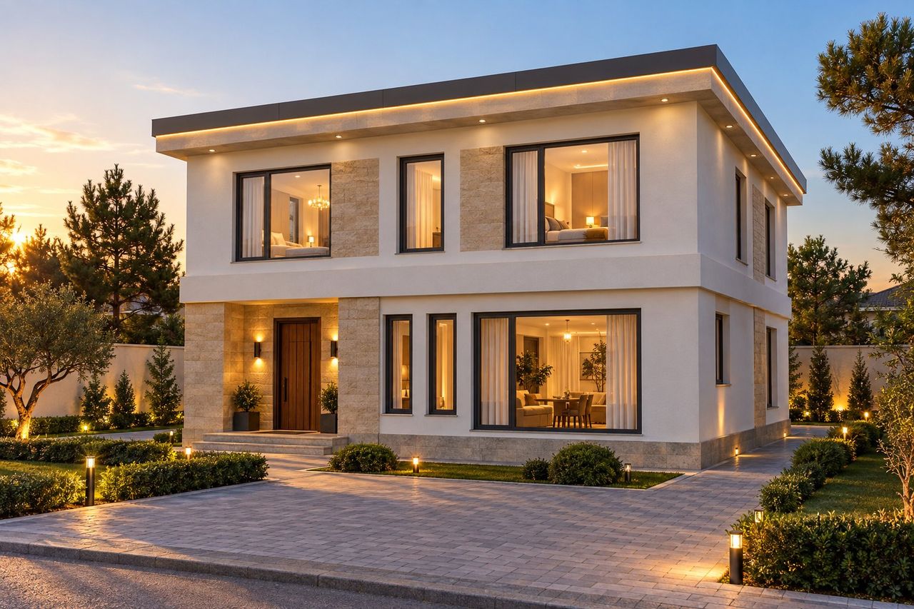 EM60-291 layihəsinin fasad vizuallaşdırması — ikimərtəbəli ev, düz dam