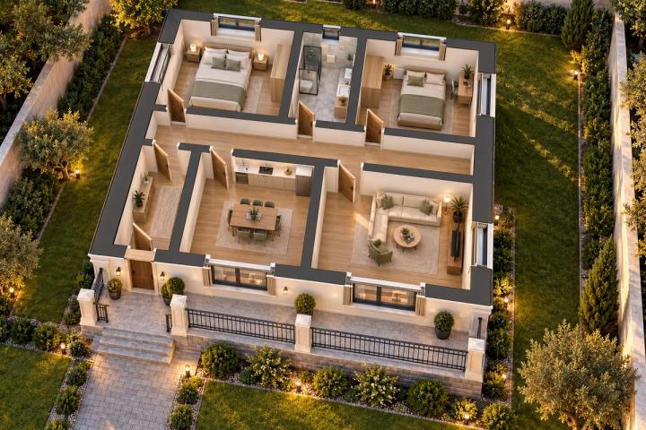 BK36-102 layihəsinin 3D kəsik planı — mebelli otaqlar, vizuallaşdırma