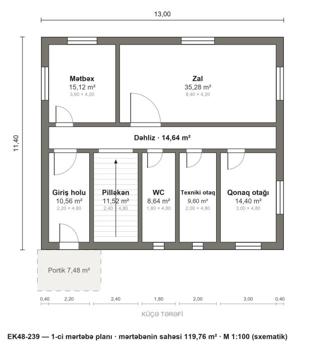 EK48-239 layihəsinin 1-ci mərtəbə planı — 119,76 m²