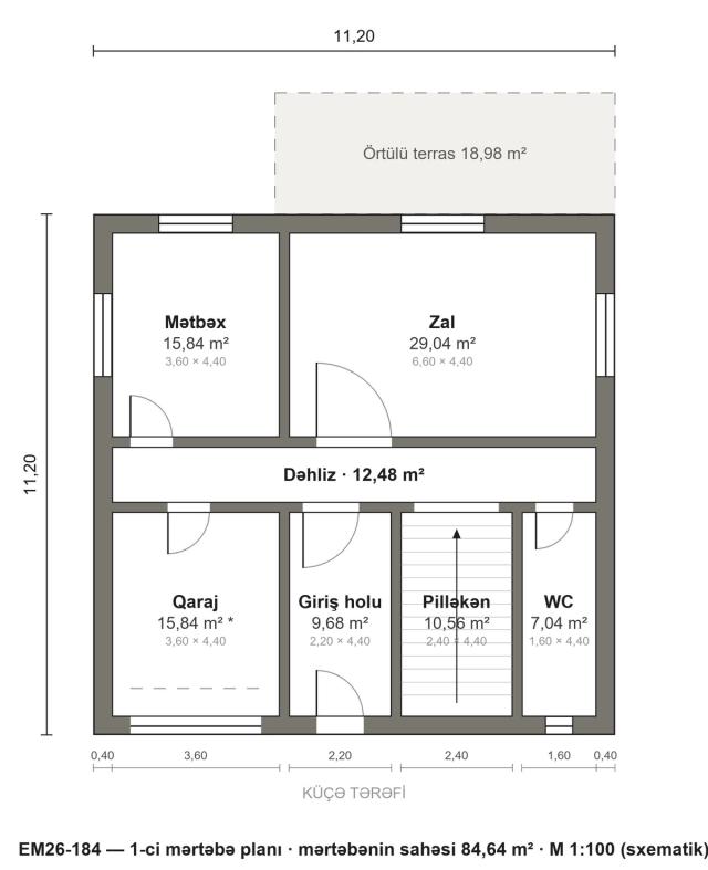 EM26-184 layihəsinin 1-ci mərtəbə planı — 84,64 m²