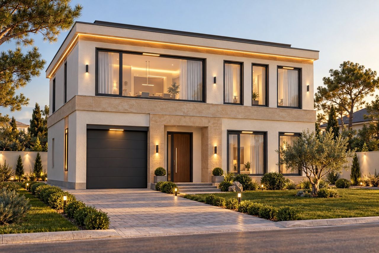 EM90-211 layihəsinin fasad vizuallaşdırması — ikimərtəbəli ev, düz dam