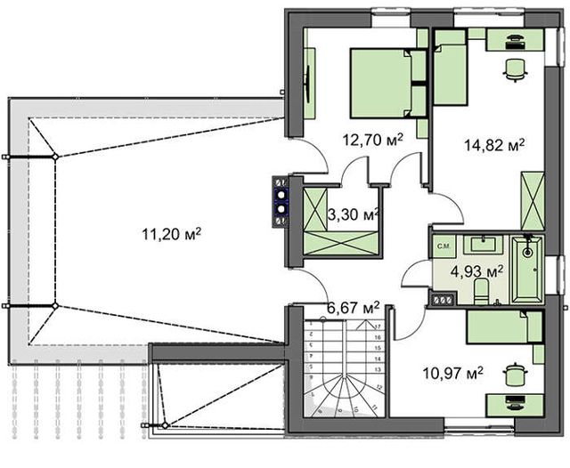 EM04 layihəsinin ikinci mərtəbə planı — 3 yataq otağı
