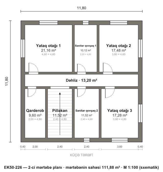 EK50-226 layihəsinin 2-ci mərtəbə planı — 3 yataq otağı
