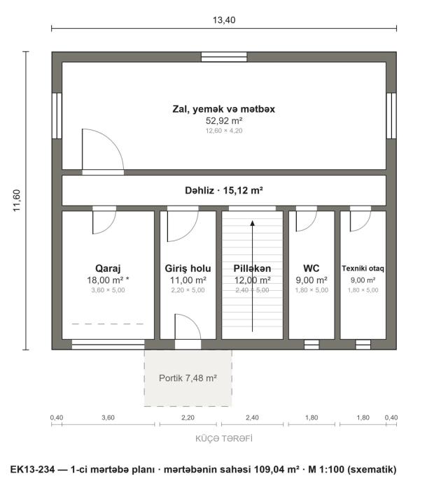 EK13-234 layihəsinin 1-ci mərtəbə planı — 109,04 m²