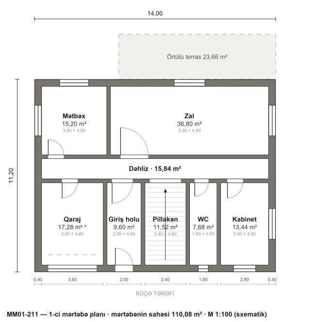MM01-211 layihəsinin 1-ci mərtəbə planı — 110,08 m²
