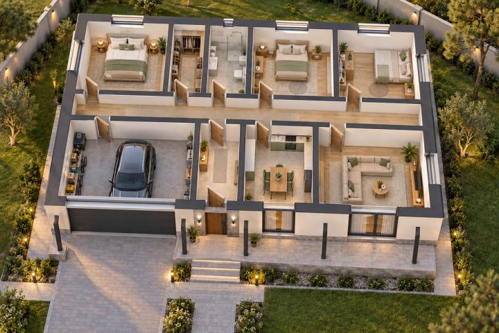 BM54-127 layihəsinin 3D kəsik planı — mebelli otaqlar, vizuallaşdırma