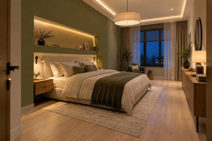 Modern üslubunda yataq otağı (həyət evi, axşam, lampalar yanır) — Standart təmir paketi, dizayn vizuallaşdırması