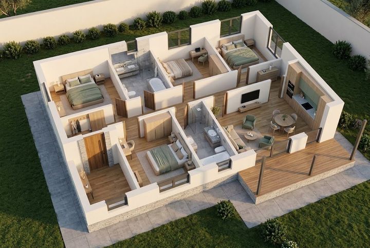 BM45-143 layihəsinin 3D kəsik planı — mebelli otaqlar, vizuallaşdırma