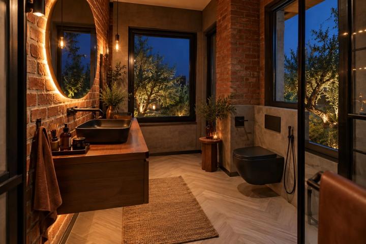Loft üslubunda sanitar qovşaq (köhnə planlı mənzil, axşam, lampalar yanır) — Standart təmir paketi, dizayn vizuallaşdırması