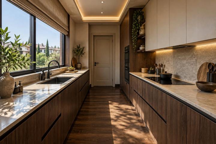 Japandi üslubunda mətbəx (villa, gündüz işığı) — Premium təmir paketi, dizayn vizuallaşdırması
