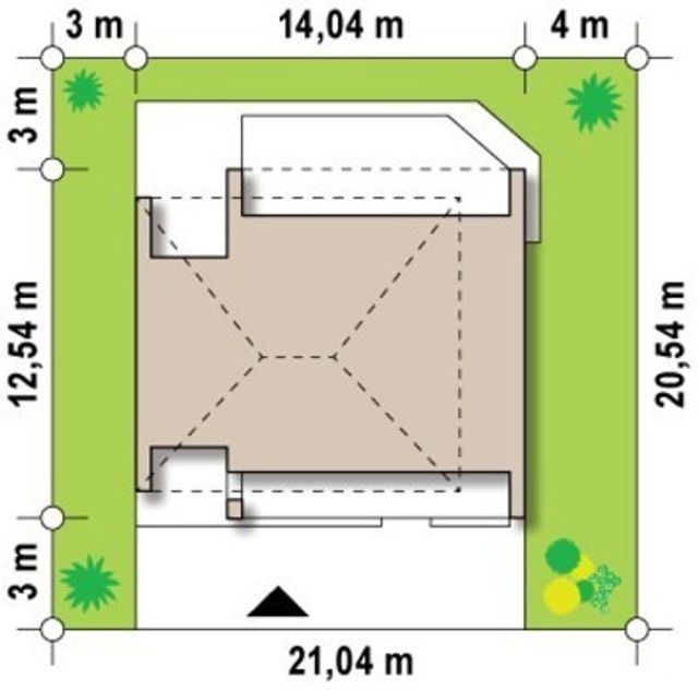 EK02-211 evinin sahədə yerləşmə planı — 20,54 × 21,04 m