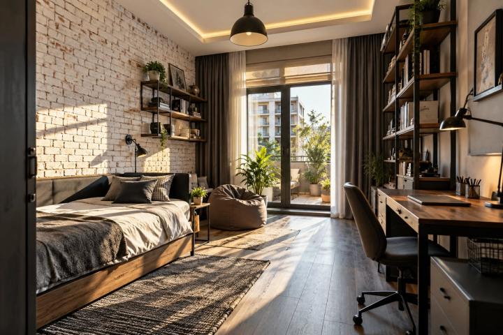 Loft üslubunda uşaq otağı (yaşayış kompleksində mənzil, səhər günəşi) — Standart təmir paketi, dizayn vizuallaşdırması