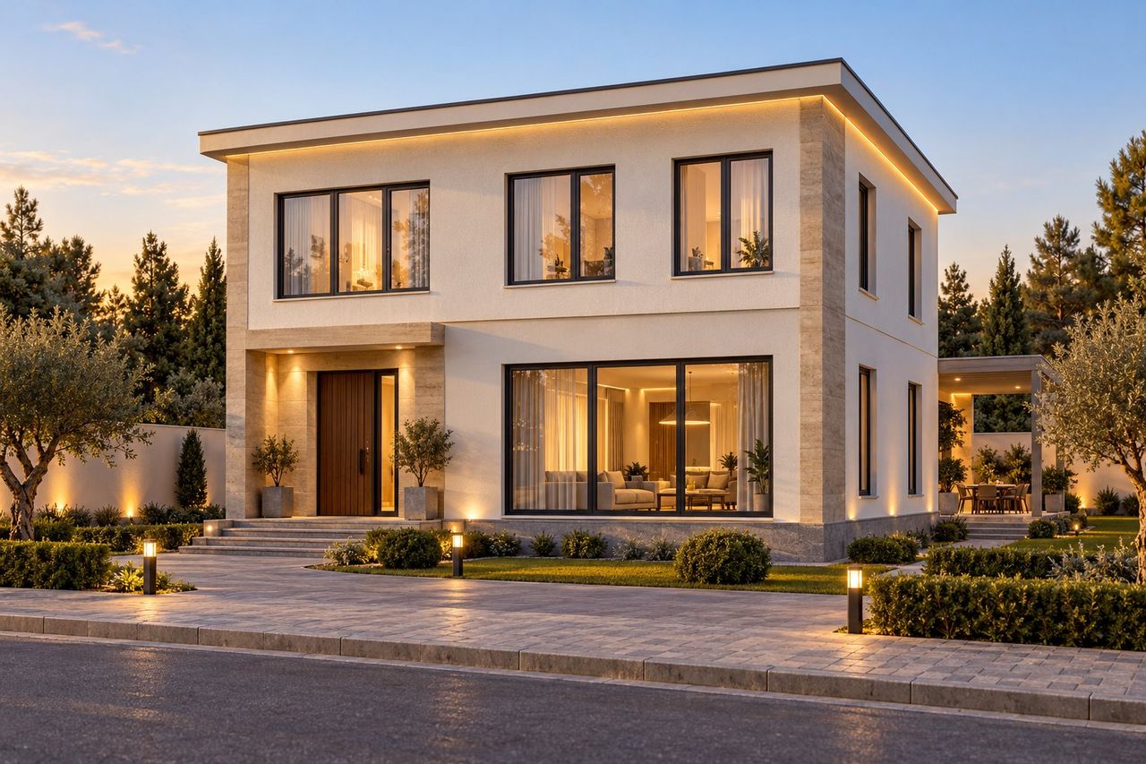 EM24-259 layihəsinin fasad vizuallaşdırması — ikimərtəbəli ev, düz dam