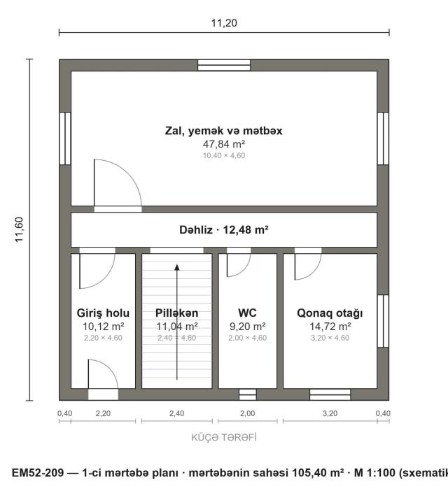 EM52-209 layihəsinin 1-ci mərtəbə planı — 105,40 m²