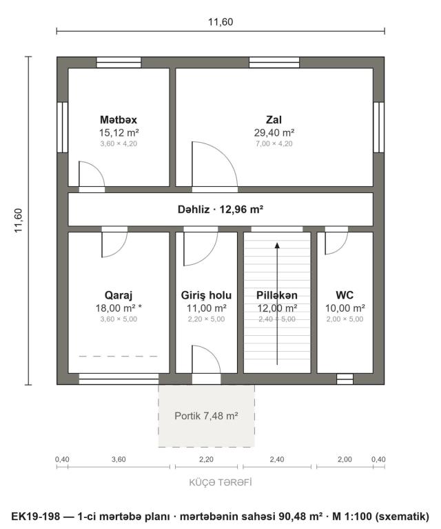 EK19-198 layihəsinin 1-ci mərtəbə planı — 90,48 m²