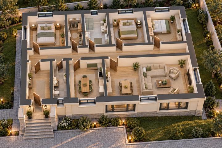 BK67-151 layihəsinin 3D kəsik planı — mebelli otaqlar, vizuallaşdırma