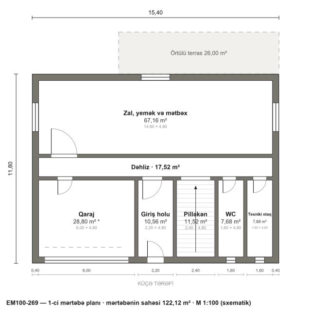 EM100-269 layihəsinin 1-ci mərtəbə planı — 122,12 m²