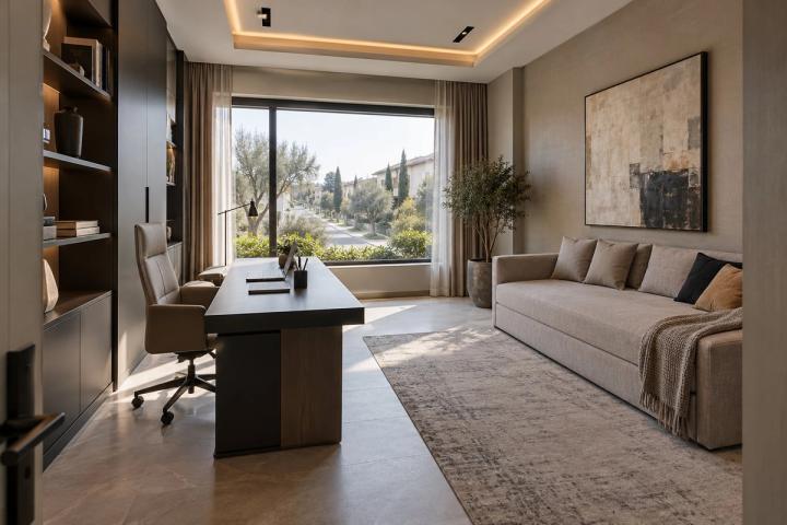 Modern üslubunda kabinet (villa, qış gündüzü) — Premium təmir paketi, dizayn vizuallaşdırması